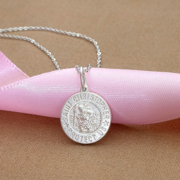Round Real Silver Saint Christopher Pendant Stamped 925, Protection Medal Charm - Picture 1 of 5